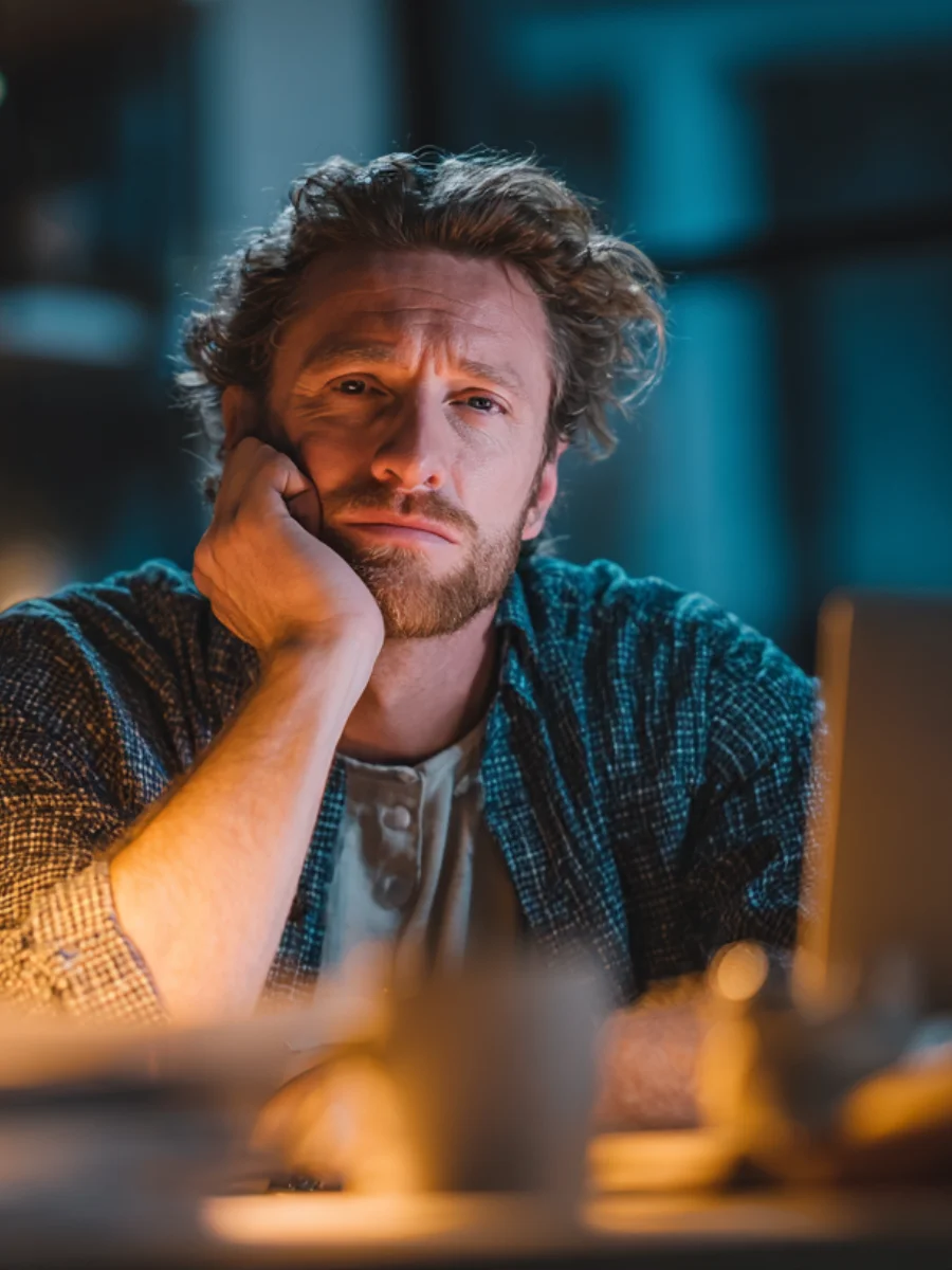 Ein erschöpfter Mann sitzt abends am Schreibtisch vor seinem Laptop und denkt über unerledigte Büroarbeit nach – Symbol für Überlastung im Büroalltag und den Bedarf an digitalen Lösungen zur Entlastung.