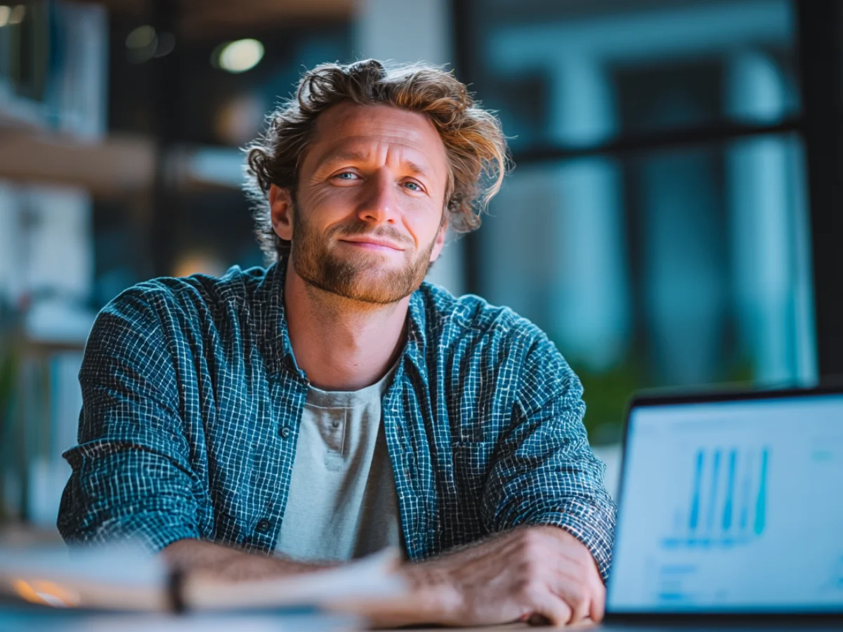 Ein entspannter Mann sitzt am Schreibtisch vor seinem Laptop und blickt zufrieden in die Kamera – Symbol für erfolgreiche digitale Büroorganisation und effiziente Abläufe im Arbeitsalltag.