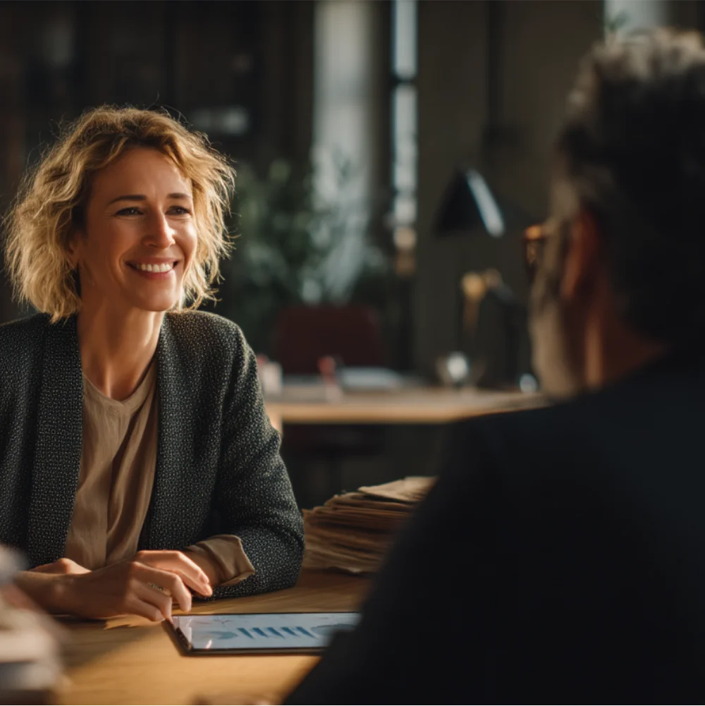 Eine lächelnde Frau sitzt im Gespräch mit einer anderen Person an einem Schreibtisch
